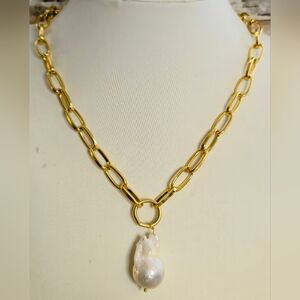 Large Modern Pearl Pendant In Gold Plated Paperclip Necklace For Layering